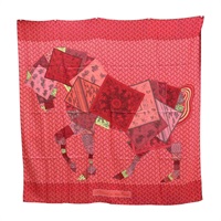 紅色 羊絨 絲綢 A Cheval sur mon Carré 絲巾 圍巾140x140【HERMES 愛馬仕】