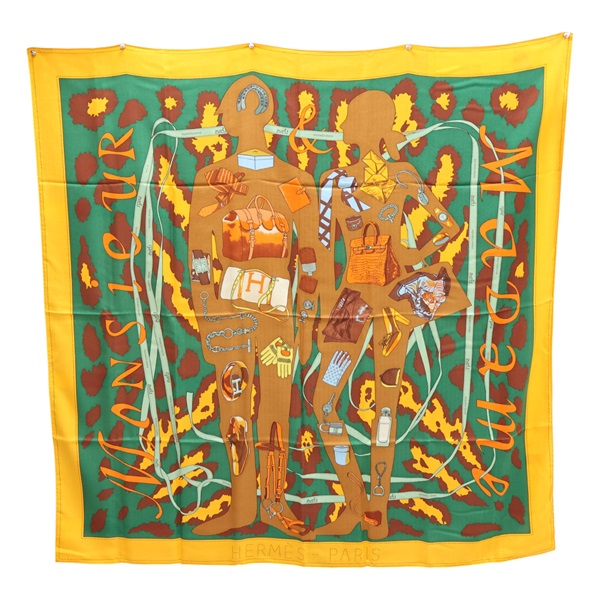 黃/綠色 絲綢 羊絨  Monsieur et Madame II 絲巾 140x140【HERMES 愛馬仕】