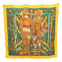黃/綠色 絲綢 羊絨  Monsieur et Madame II 絲巾 140x140【HERMES 愛馬仕】