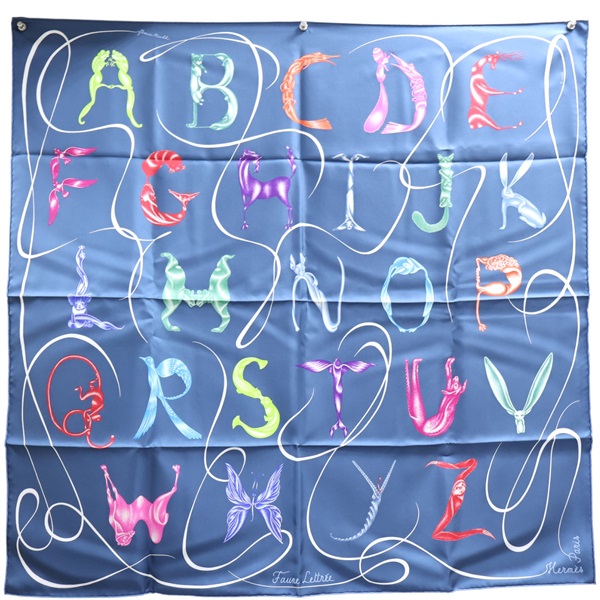 藍色 Faune Lettrée 絲綢 絲巾 90x90【HERMES 愛馬仕】