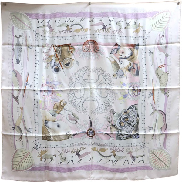 粉色 La Vie du Grand Nord 絲綢 絲巾 90x90【HERMES 愛馬仕】