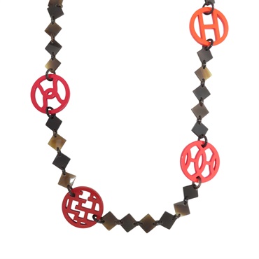 紅/棕色 塑膠 水牛角 Hava 圓形牛角標誌 漆木方塊 項鍊【HERMES 愛馬仕】 47747425