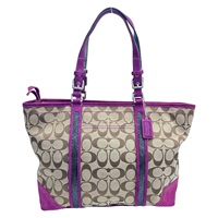 米白色 紫色 緹花帆布 Signature 手提包 【COACH 蔻馳】 8K52