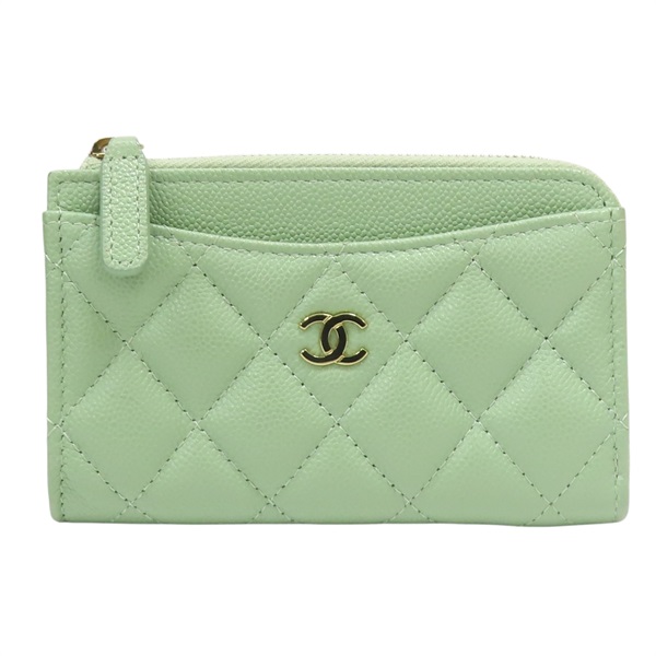 綠色 菱格紋 牛皮 拉鍊短夾 【CHANEL 香奈兒】