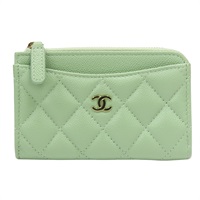 綠色 菱格紋 牛皮 拉鍊短夾 【CHANEL 香奈兒】