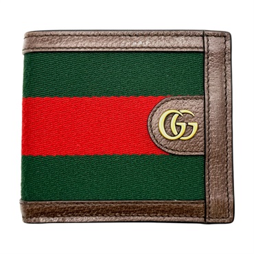 棕色牛皮 紅/綠帆布 short wallet 短夾 722941【GUCCI 古馳】 722941