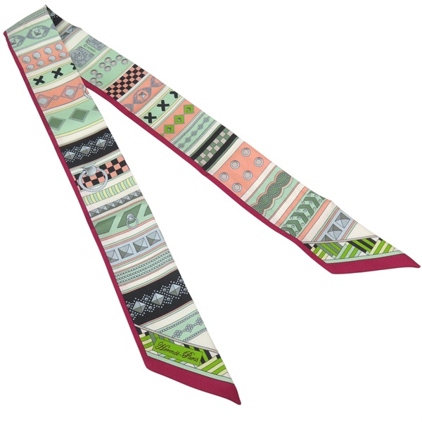 綠/酒紅色 絲綢 Twilly 絲巾【HERMES 愛馬仕】