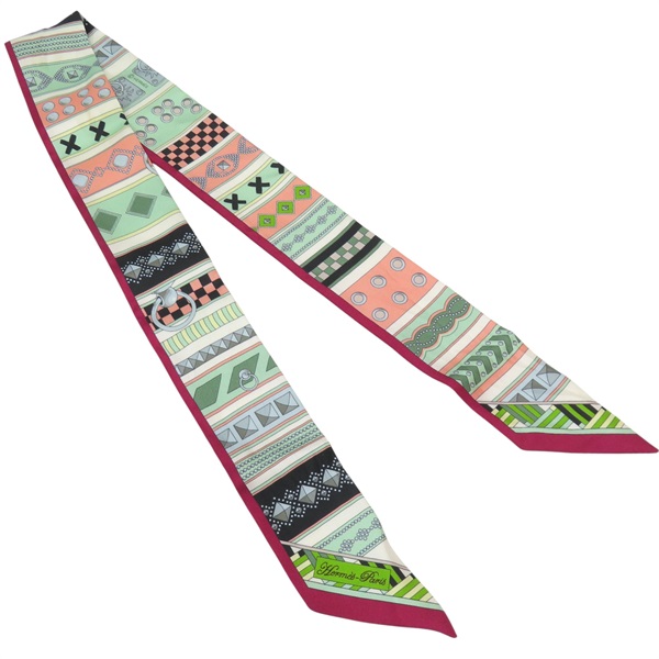 綠/酒紅色 絲綢 Twilly 絲巾【HERMES 愛馬仕】