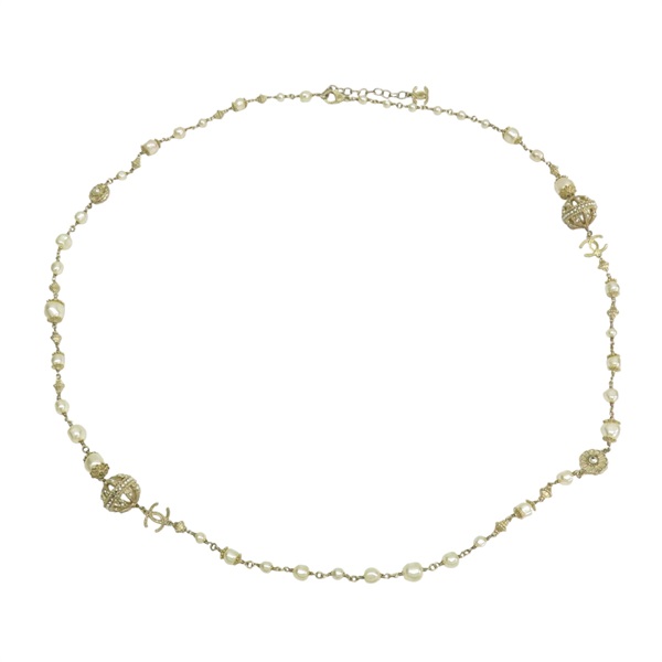 金色金屬 白色人造珠 項鍊【CHANEL 香奈兒】