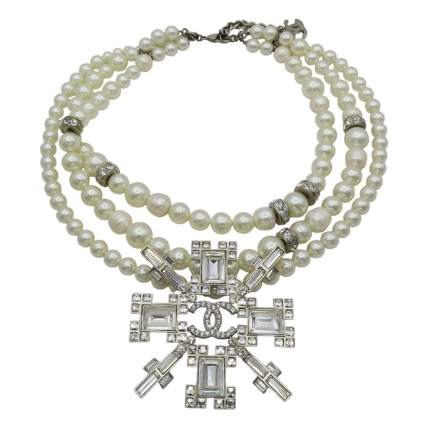 方塊水晶 雙C 珍珠 項鍊【CHANEL 香奈兒】