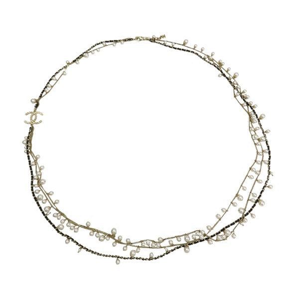 白色圓珠 雙C水晶 皮革鍊帶 項鍊【CHANEL 香奈兒】