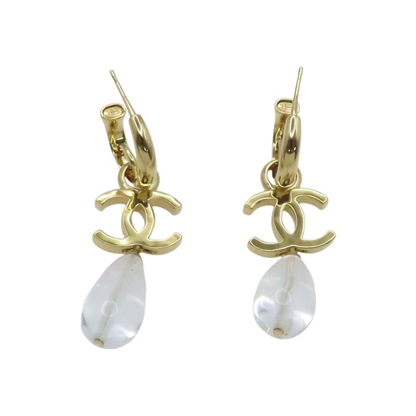 金色金屬 雙C 水滴透明珠 耳環【CHANEL 香奈兒】