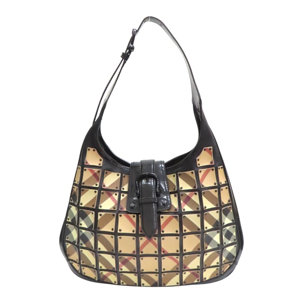 黑色 皮革 帆布 Nova格紋月牙包 肩背包【BURBERRY 巴寶莉】