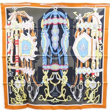 黑/橘色 Brides et Destin 絲綢 絲巾 90【HERMES 愛馬仕】
