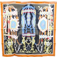 黑/橘色 Brides et Destin 絲綢 絲巾 90【HERMES 愛馬仕】