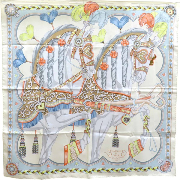 黃色 Harnais de Cœur 絲綢 絲巾 90【HERMES 愛馬仕】
