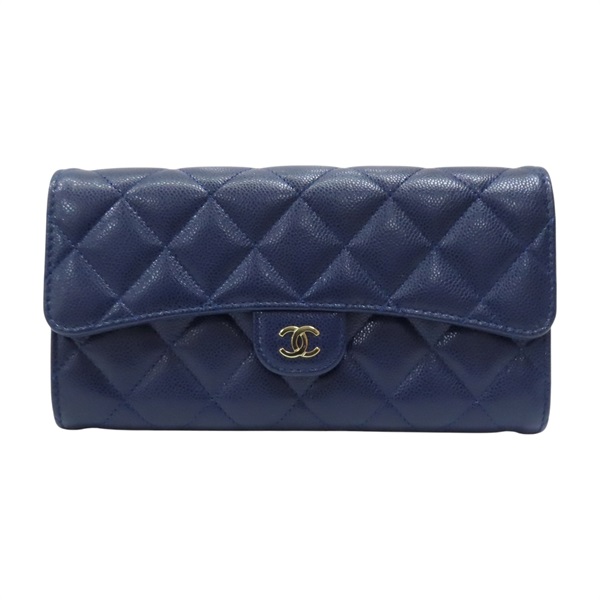 深藍色 荔枝紋牛皮 釦式長夾【CHANEL 香奈兒】 AP0241