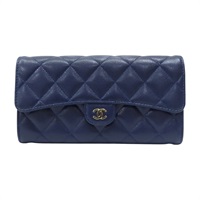 深藍色 荔枝紋牛皮 釦式長夾【CHANEL 香奈兒】 AP0241