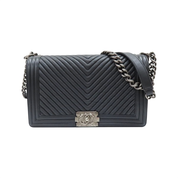 黑色 牛皮 山形紋 Boy28 銀扣 肩背包【CHANEL 香奈兒】
