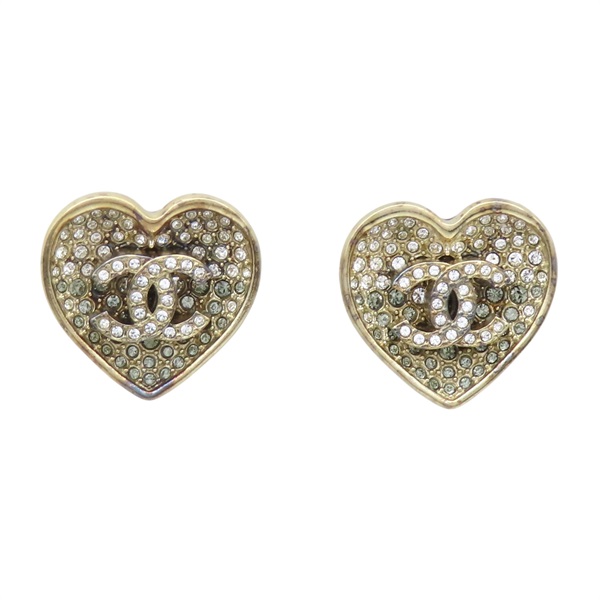 淺金色鍍金 黑色琺瑯 水鑽 cc愛心 針式耳環【CHANEL 香奈兒】 ABA406