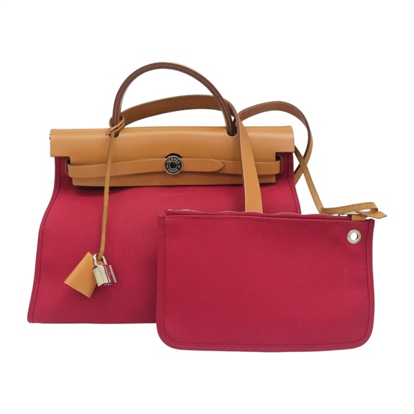 紅色/棕色 帆布 牛皮 Herbag Zip 31 兩用包 X刻 銀扣【HERMES 愛馬仕】