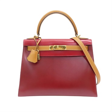 紅/棕色 BOX牛皮 Kelly 28 Tricolor 凱莉包 兩用包 □H刻 金釦【HERMES 愛馬仕】