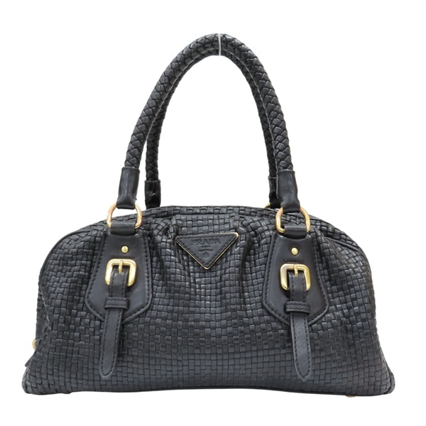 黑色 編織皮革 Madras 保齡球包 手提包【PRADA 普拉達】