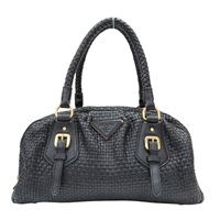 黑色 編織皮革 Madras 保齡球包 手提包【PRADA 普拉達】