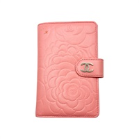 粉色 印花牛皮 山茶花 銀扣 扣式中夾 (無卡)【CHANEL 香奈兒】 A50087