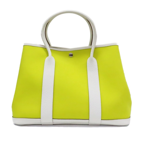 黃色帆布 白色牛皮 Garden Party 36 手提包 銀扣 Y刻【HERMES 愛馬仕】