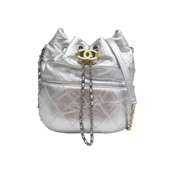 銀色 菱格紋 牛皮 拼接 鏈帶水桶包 肩背包【CHANEL 香奈兒】 A98787