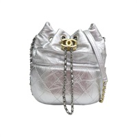 銀色 菱格紋 牛皮 拼接 鏈帶水桶包 肩背包【CHANEL 香奈兒】 A98787