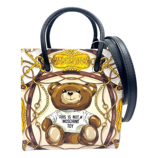 白色 棕色 牛皮 泰迪熊印花 兩用包 【MOSCHINO 莫斯奇諾】 222720F048012