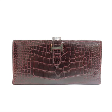 棕色 鱷魚皮 Bearn 長夾 銀扣 □R刻【HERMES 愛馬仕】