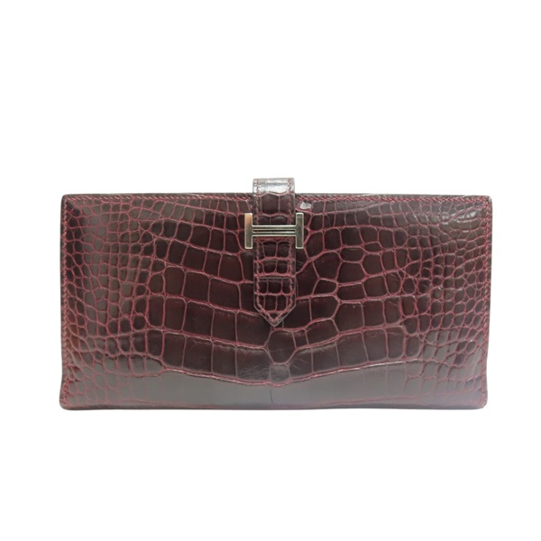 棕色 鱷魚皮 Bearn 長夾 銀扣 □R刻【HERMES 愛馬仕】