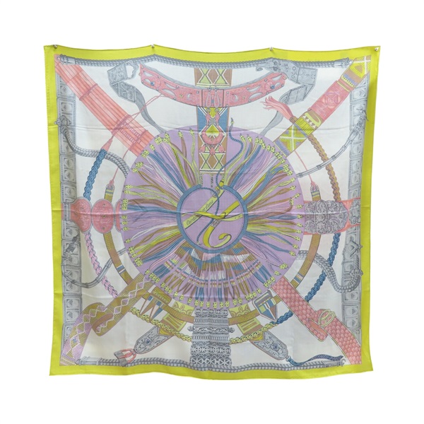 黃/灰色 絲綢 羊絨 Objets de Curiosite 方巾 140x140【HERMES 愛馬仕】