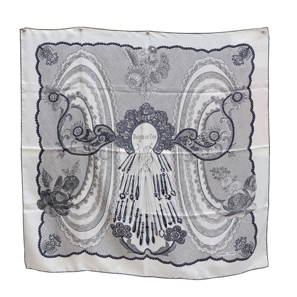 黑/白色 絲綢 Doigts de Fee 方巾 90x90【HERMES 愛馬仕】