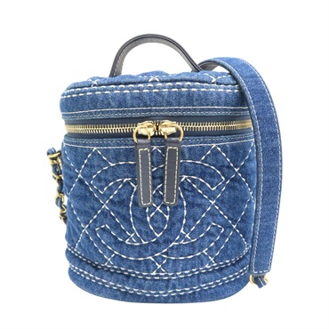 深藍色 丹寧布 vanity bag 鍊帶 化妝包 肩背包【CHANEL 香奈兒】 AS1336