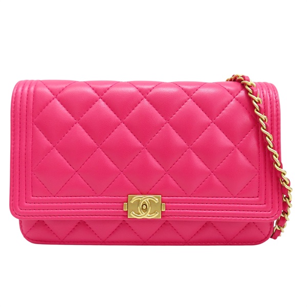 桃紅色 羊皮 BOY WOC 鏈帶肩背包 金釦 (無卡)【CHANEL 香奈兒】 A80287