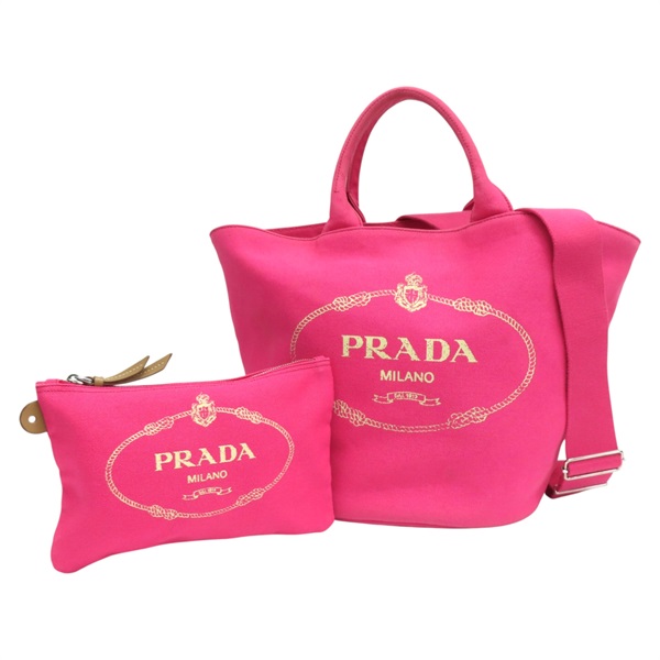 粉色帆布 棕色牛皮 Canapa tote 兩用包【PRADA 普拉達】 1BG163