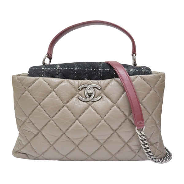 棕/紅色牛皮 黑色粗花呢 Portobello chain shoulder 兩用包 (無卡)【CHANEL 香奈兒】