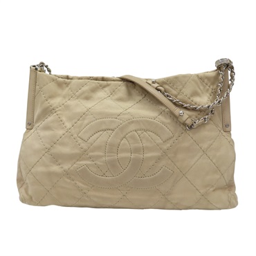 米色 皮革 鍊帶肩背包 無卡 銀扣【CHANEL 香奈兒】