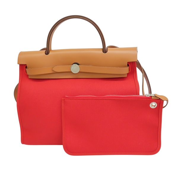 A5寶石紅色 帆布 棕色牛皮 Herbag 31 兩用包 A刻 銀扣【HERMES 愛馬仕】 H079091CKAA