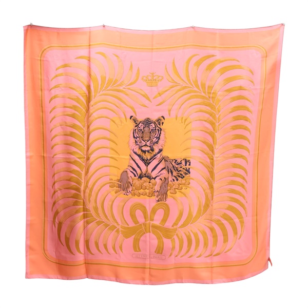 橘紅色 絲綢 Tigre Royal Dip Dye 方巾 140x140【HERMES 愛馬仕】