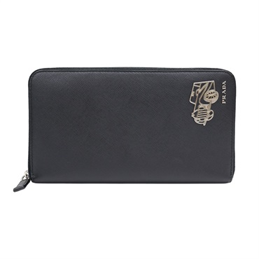 黑色牛皮 拉鍊 長夾【PRADA 普拉達】