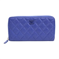 藍色 菱格紋 荔枝紋 牛皮 ZIP 拉鍊 長夾 無卡【CHANEL 香奈兒】