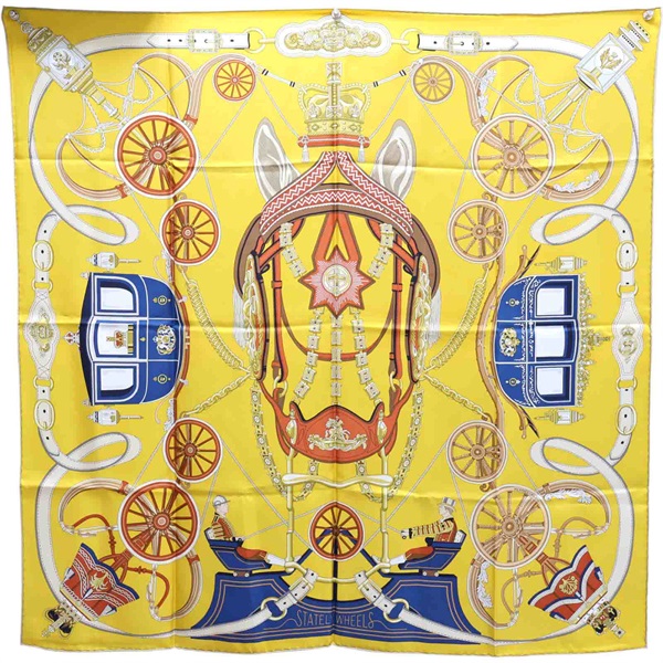 黃色 Stately Wheels 絲綢 絲巾 90x90【HERMES 愛馬仕】