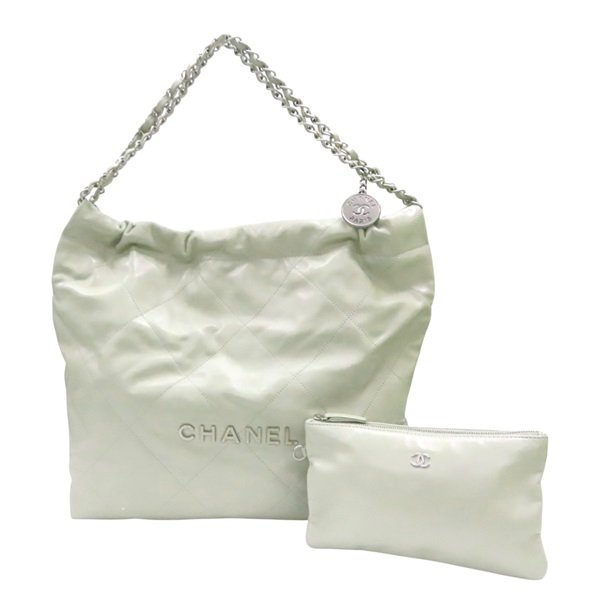 淺綠色 牛皮 CHANEL 22 MEDIUM 鍊帶 肩背包 銀扣【CHANEL 香奈兒】 AS3261
