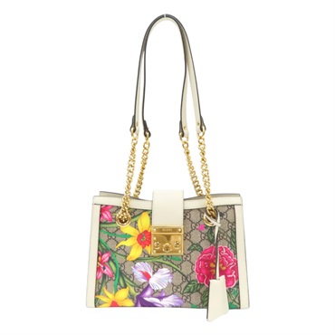 米白色 GG Supreme Flora 印花帆布 Padlock 肩背包【GUCCI 古馳】 495156