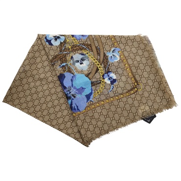 棕色 羊毛 方巾 GG Panshie Blooms 圍巾【GUCCI 古馳】 508797